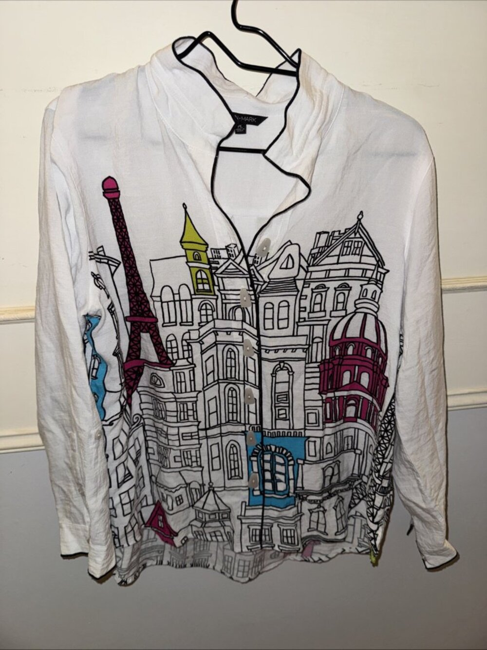 John Mark Paris Cityscape Eiffel Tower Button-Up Tunic Blouse Size Petite Large